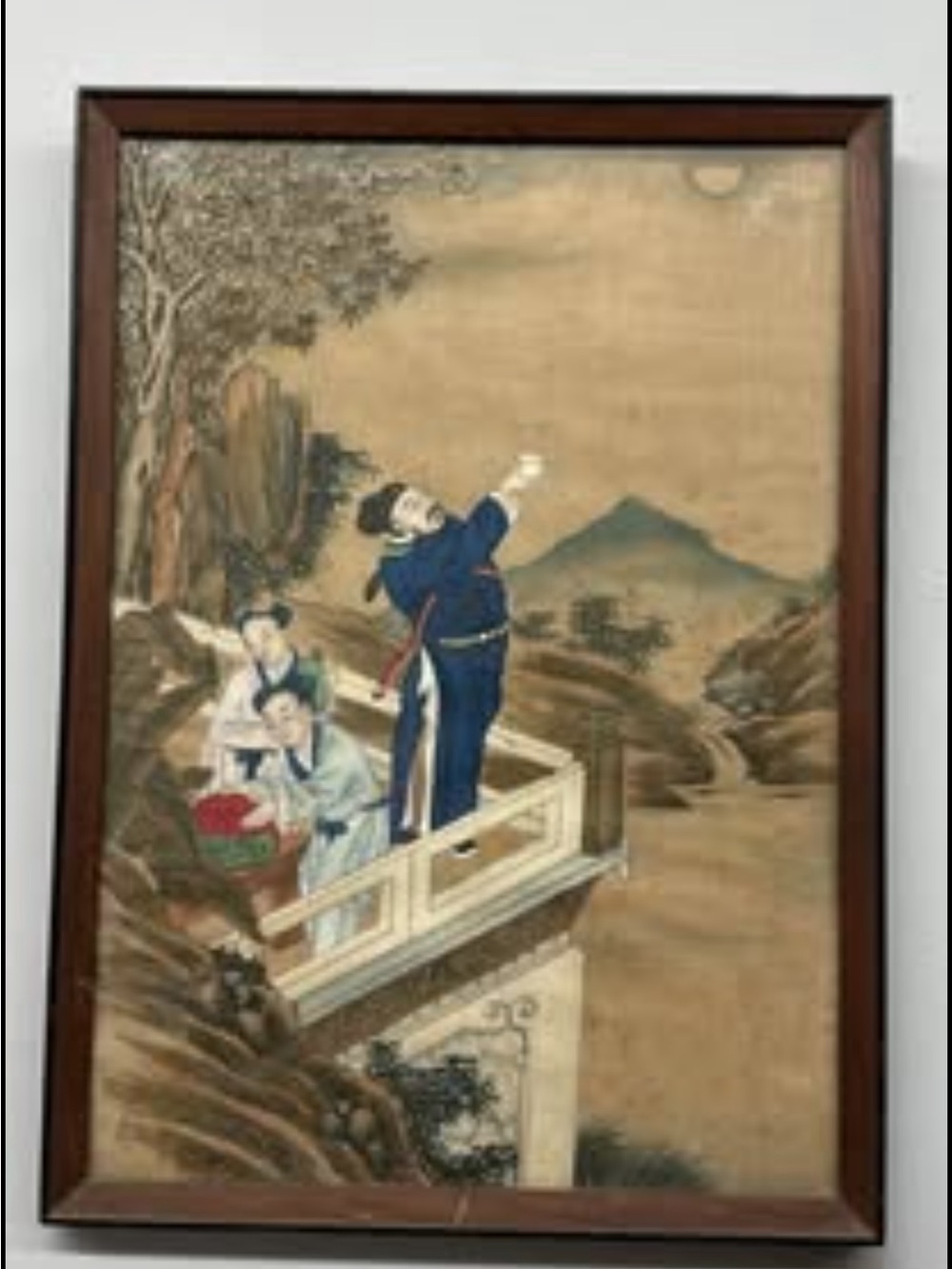 Oriental Framed Silk Wall Art - Blue, Cream, Brown